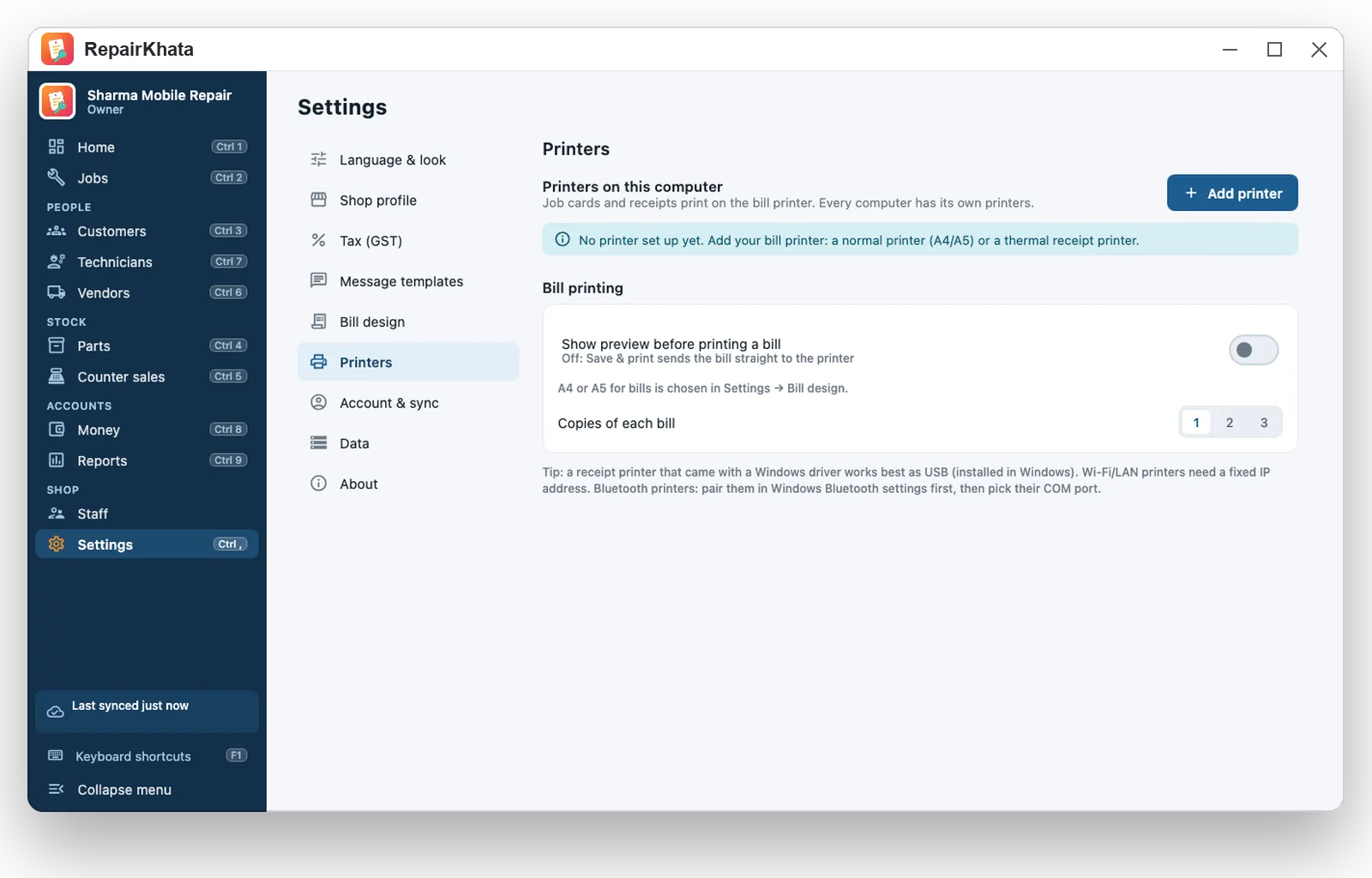 Printer settings in RepairKhata for Windows