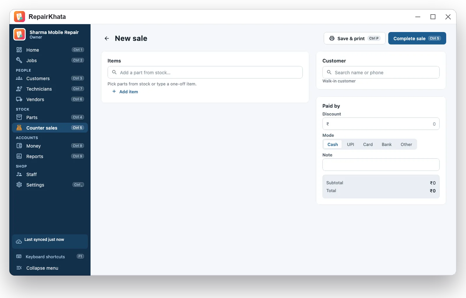 New counter sale screen in RepairKhata for Windows